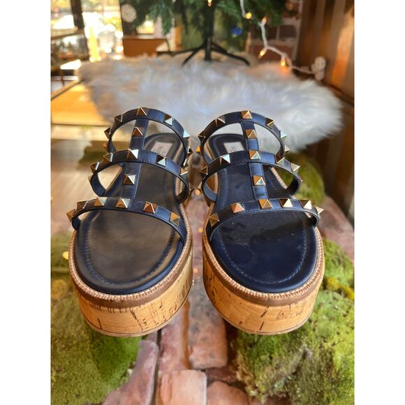 VALENTINO  Navy Blue Rockstud Cork Sandals SZ 37.5 - Picture 10 of 10